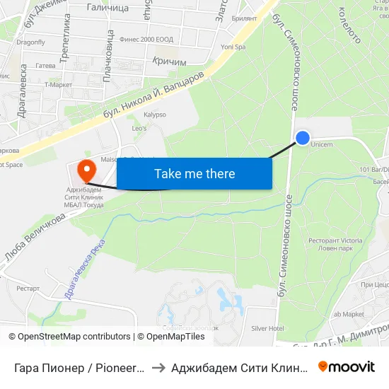 Гара Пионер / Pioneer Station (0465) to Аджибадем Сити Клиник Мбал Токуда map