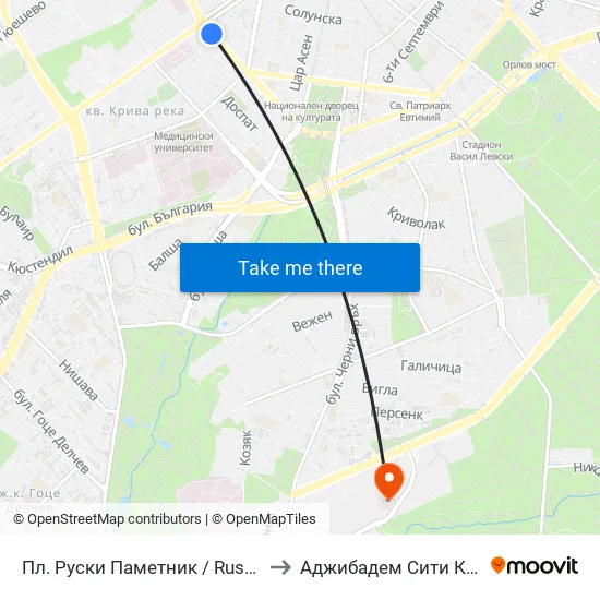 Пл. Руски Паметник / Russian Monument Sq. (1296) to Аджибадем Сити Клиник Мбал Токуда map
