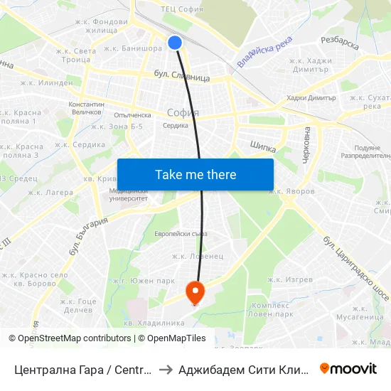 Централна Гара / Central Railway Station to Аджибадем Сити Клиник Мбал Токуда map