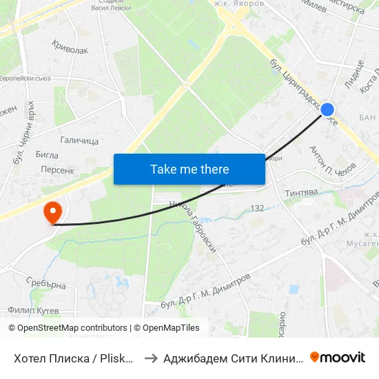Хотел Плиска / Pliska Hotel (2327) to Аджибадем Сити Клиник Мбал Токуда map