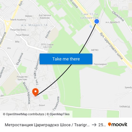 Метростанция Цариградско Шосе / Tsarigradsko Shosse Metro Station (1016) to 25 Дкц map