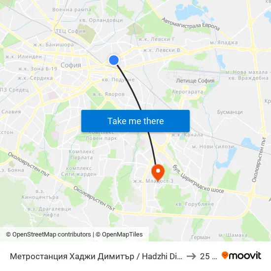 Метростанция Хаджи Димитър / Hadzhi Dimitar Metro Station (0303) to 25 Дкц map