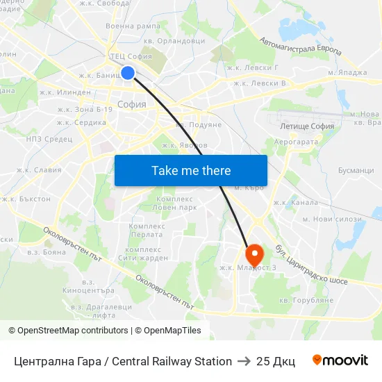 Централна Гара / Central Railway Station to 25 Дкц map