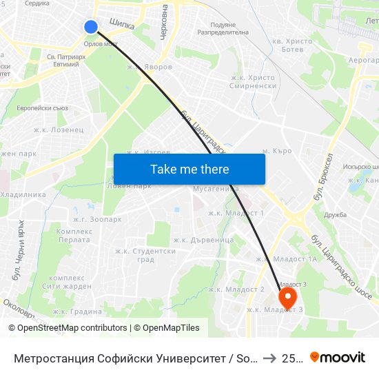 Метростанция Софийски Университет / Sofia University Metro Station (2827) to 25 Дкц map