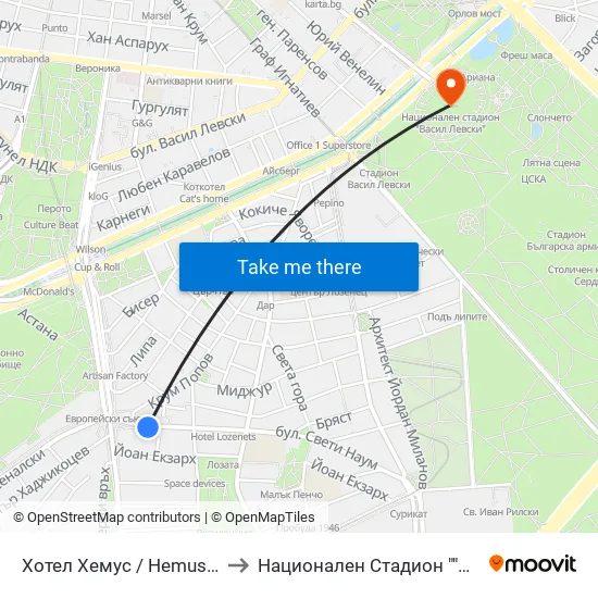 Ⓜ️ Хотел Хемус / Hemus Hotel (2329) to Национален Стадион ""Васил Левски"" map