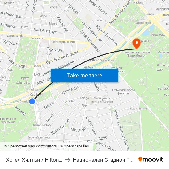 Хотел Хилтън / Hilton Hotel (0397) to Национален Стадион ""Васил Левски"" map