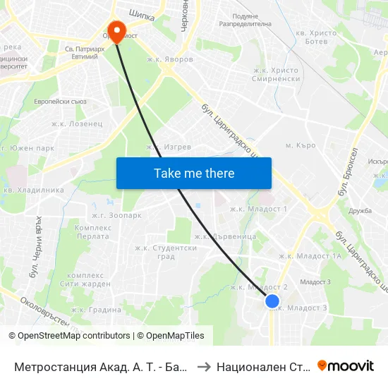 Ⓜ️ Метростанция Акад. Александър Теодоров - Балан / Akademik Aleksandar Teodorov - Balan Metro Station (1917) to Национален Стадион ""Васил Левски"" map