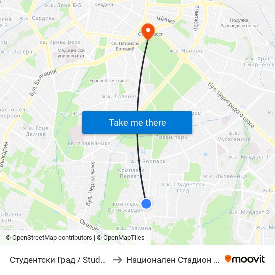 Студентски Град / Students' Town (2382) to Национален Стадион ""Васил Левски"" map