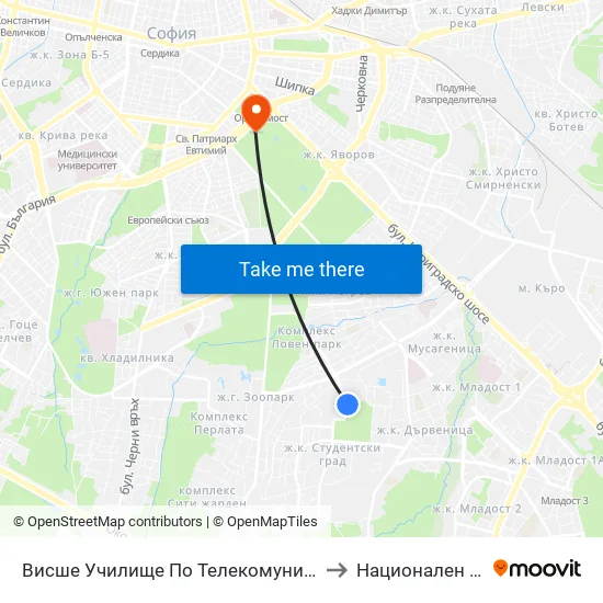 Висше Училище По Телекомуникации / University Of Telecommunications And Post (1397) to Национален Стадион ""Васил Левски"" map