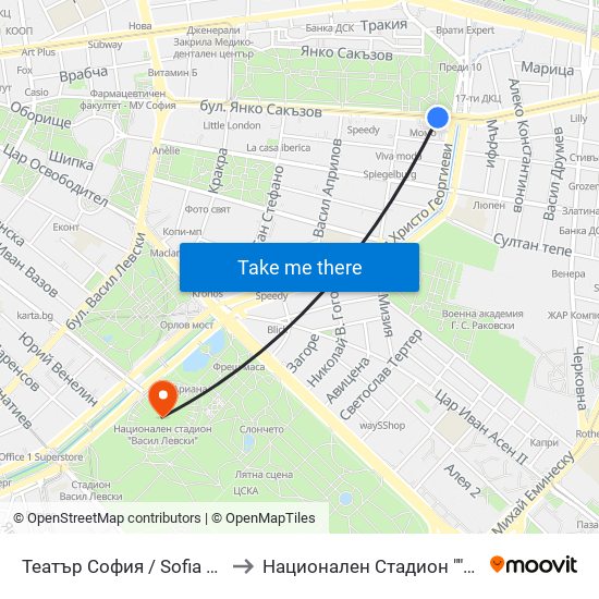 Театър София / Sofia Theatre (1727) to Национален Стадион ""Васил Левски"" map