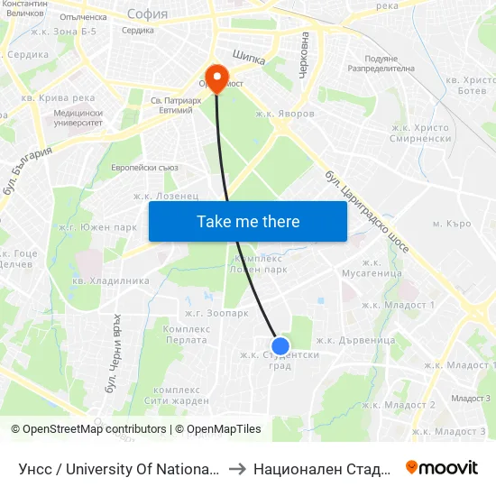 🎓 Унсс / University Of National And World Economy (1691) to Национален Стадион ""Васил Левски"" map