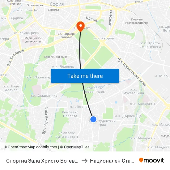 Спортна Зала Христо Ботев / Hristo Botev Sports Hall (1611) to Национален Стадион ""Васил Левски"" map