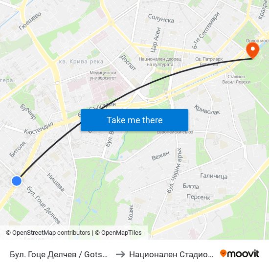 Бул. Гоце Делчев / Gotse Delchev Blvd. (0308) to Национален Стадион ""Васил Левски"" map