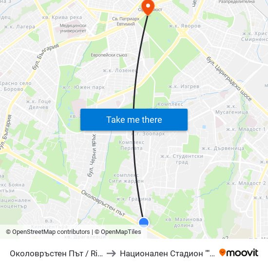 Околовръстен Път / Ring Road (1175) to Национален Стадион ""Васил Левски"" map