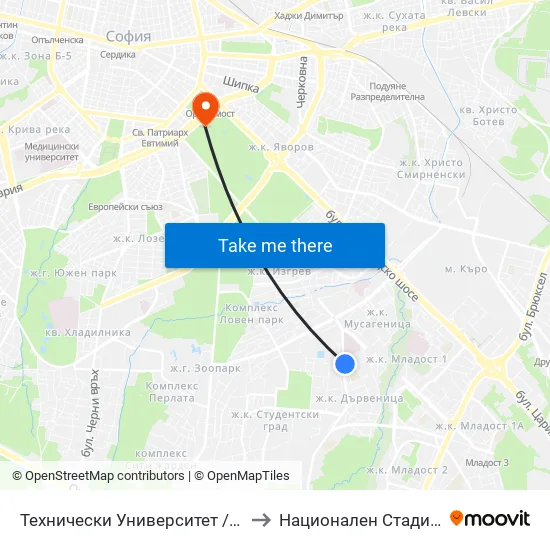 Технически Университет / Technical University (1743) to Национален Стадион ""Васил Левски"" map
