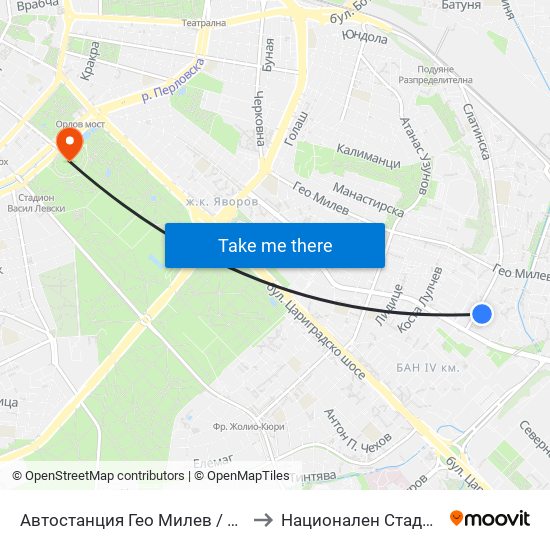 Автостанция Гео Милев / Geo Milev Bus Station (0052) to Национален Стадион ""Васил Левски"" map