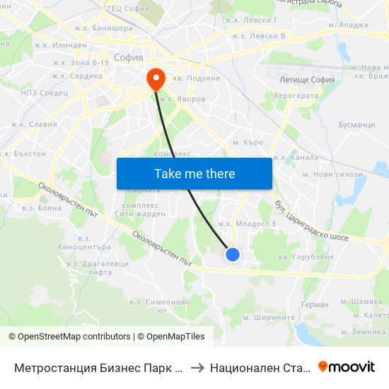 Метростанция Бизнес Парк / Business Park Metro Station (2490) to Национален Стадион ""Васил Левски"" map