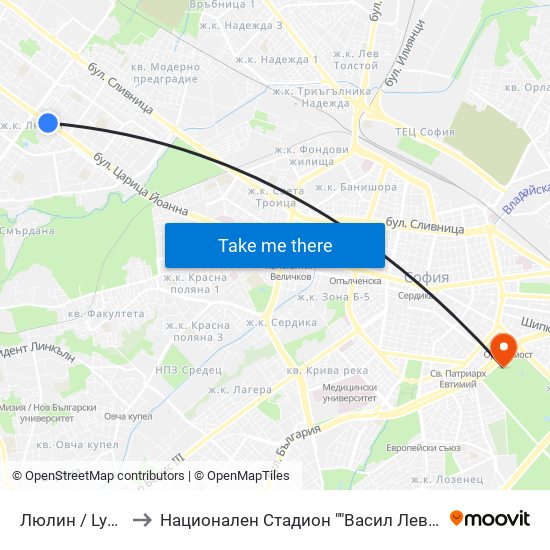 Люлин / Lyulin to Национален Стадион ""Васил Левски"" map