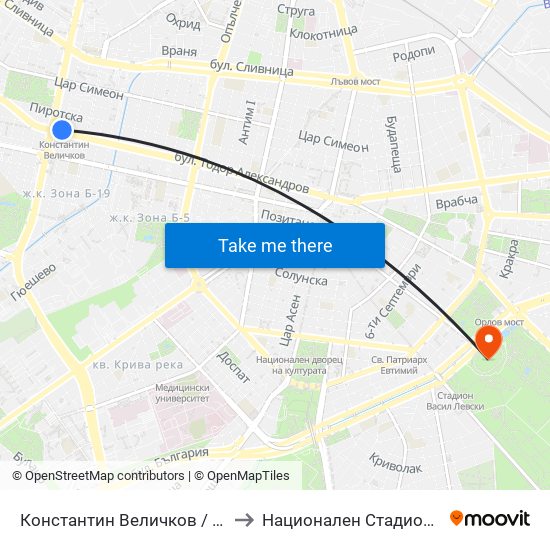 Константин Величков / Konstantin Velichkov to Национален Стадион ""Васил Левски"" map