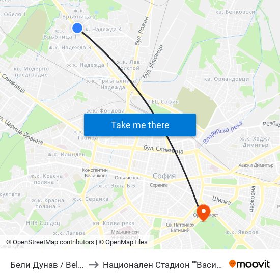 Бели Дунав / Beli Dunav to Национален Стадион ""Васил Левски"" map