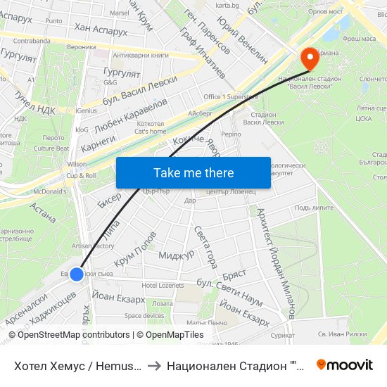 Хотел Хемус / Hemus Hotel (1325) to Национален Стадион ""Васил Левски"" map