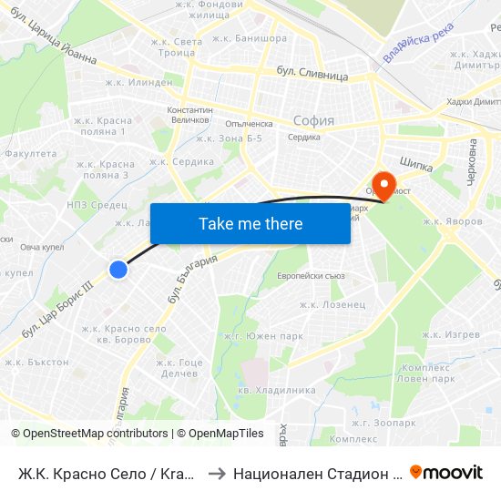 Ж.К. Красно Село / Krasno Selo Qr. (0637) to Национален Стадион ""Васил Левски"" map