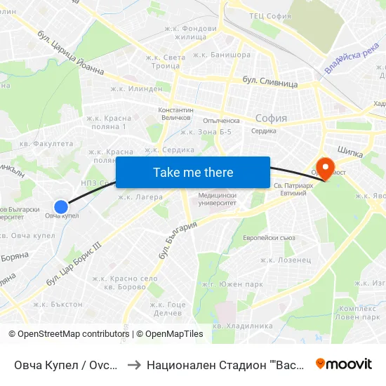 Овча Купел / Ovcha Kupel to Национален Стадион ""Васил Левски"" map