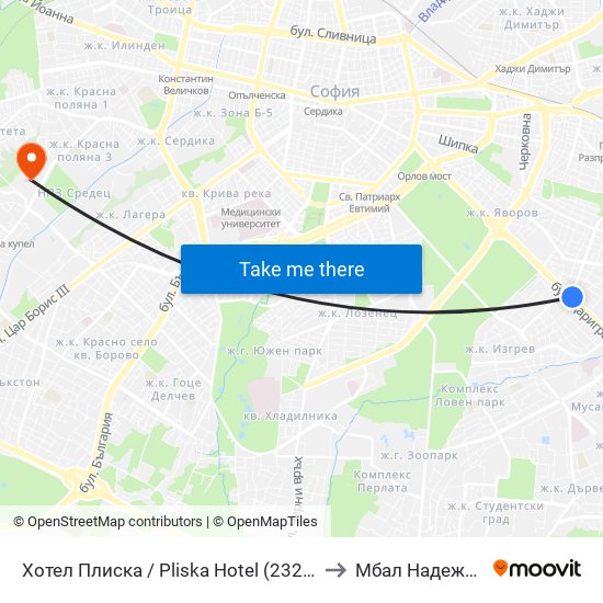 Хотел Плиска / Pliska Hotel (2327) to Мбал Надежда map