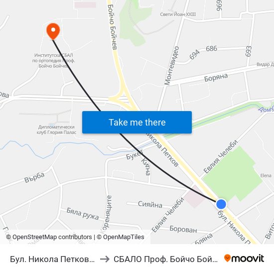 Бул. Никола Петков / Nikola Petkov Blvd. (0347) to СБАЛО Проф. Бойчо Бойчев (SBALO Prof. Boycho Boychev) map
