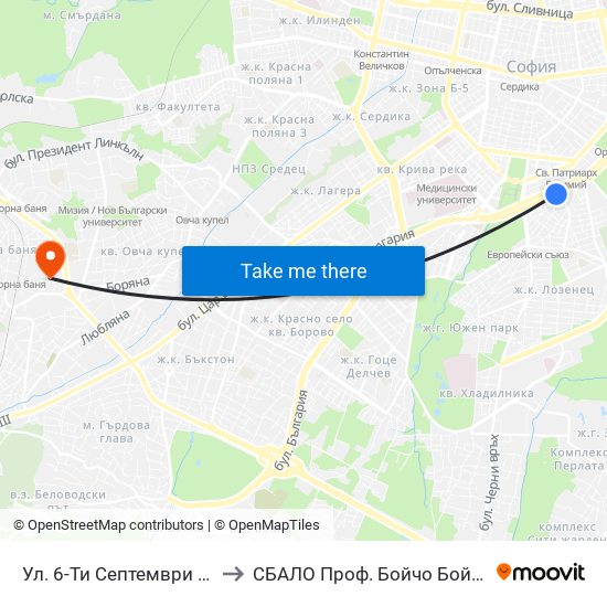 Ул. 6-Ти Септември / Shesti Septemvri St. (1807) to СБАЛО Проф. Бойчо Бойчев (SBALO Prof. Boycho Boychev) map