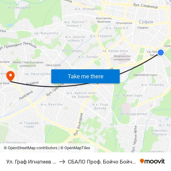 Ул. Граф Игнатиев / Graf Ignatiev St. (1914) to СБАЛО Проф. Бойчо Бойчев (SBALO Prof. Boycho Boychev) map