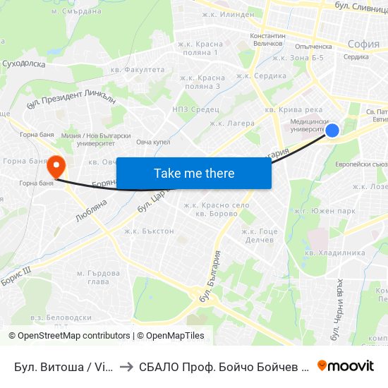 Бул. Витоша / Vitosha Blvd. (0302) to СБАЛО Проф. Бойчо Бойчев (SBALO Prof. Boycho Boychev) map