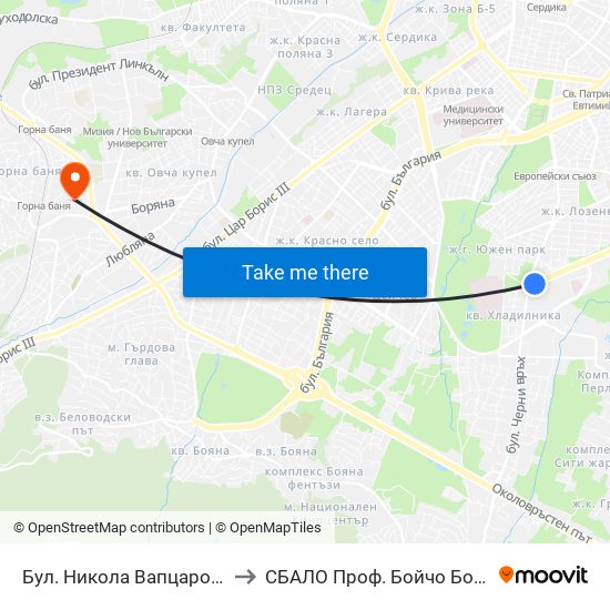 Бул. Никола Вапцаров / Nikola Vaptsarov Blvd. (0344) to СБАЛО Проф. Бойчо Бойчев (SBALO Prof. Boycho Boychev) map