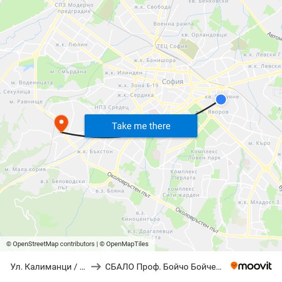 Ул. Калиманци / Kalimantsi St. (1972) to СБАЛО Проф. Бойчо Бойчев (SBALO Prof. Boycho Boychev) map
