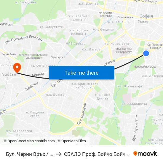 Бул. Черни Връх / Cherni Vrah Blvd. (0398) to СБАЛО Проф. Бойчо Бойчев (SBALO Prof. Boycho Boychev) map