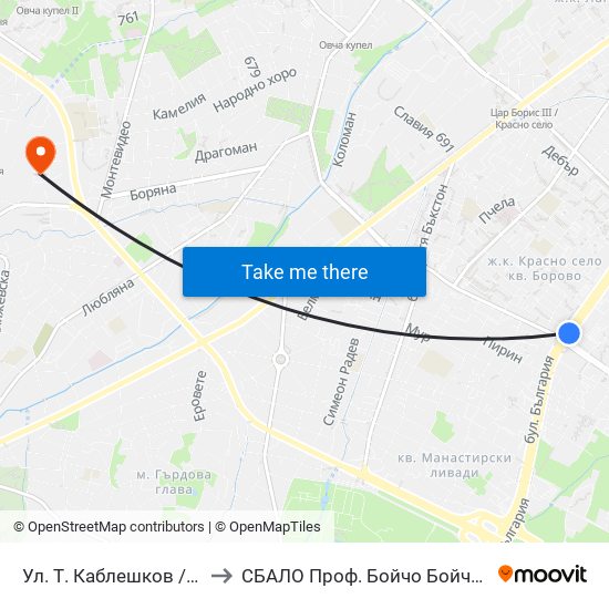 Ул. Т. Каблешков / T. Kableshkov St. (2211) to СБАЛО Проф. Бойчо Бойчев (SBALO Prof. Boycho Boychev) map