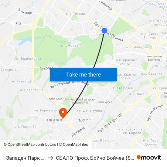 Западен Парк / Zapaden Park to СБАЛО Проф. Бойчо Бойчев (SBALO Prof. Boycho Boychev) map