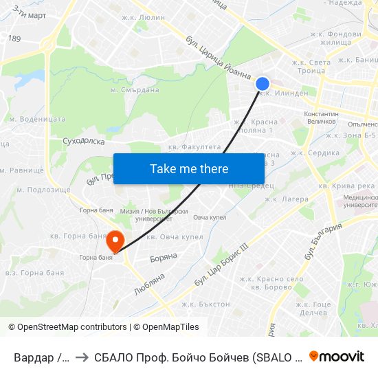 Вардар / Vardar to СБАЛО Проф. Бойчо Бойчев (SBALO Prof. Boycho Boychev) map