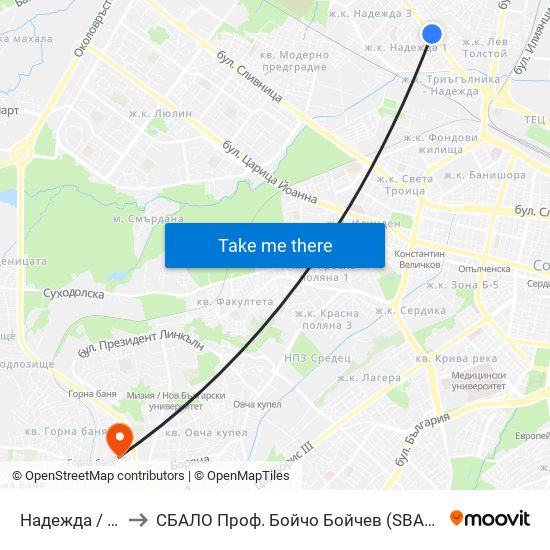 Надежда / Nadezhda to СБАЛО Проф. Бойчо Бойчев (SBALO Prof. Boycho Boychev) map