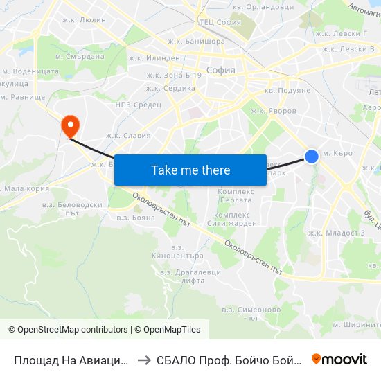 Площад На Авиацията / Aviation Square (1257) to СБАЛО Проф. Бойчо Бойчев (SBALO Prof. Boycho Boychev) map