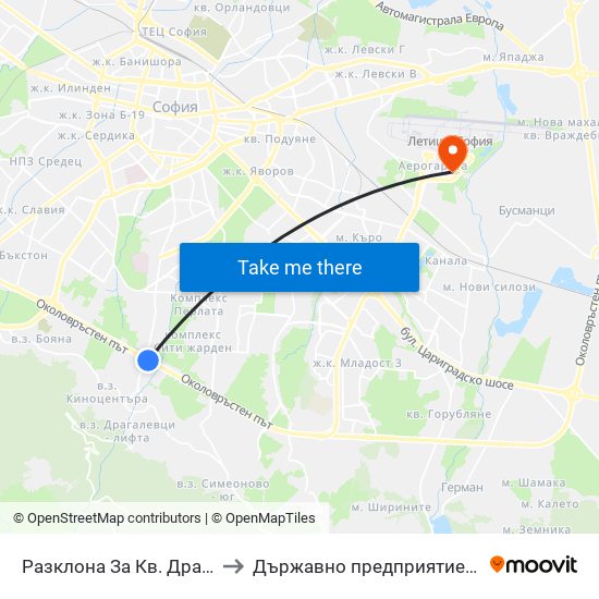 Разклона За Кв. Драгалевци / Fork Road To Dragalevtsi Qr. (1457) to Държавно предприятие „Ръководство на въздушното движение“ (ДП РВД) map