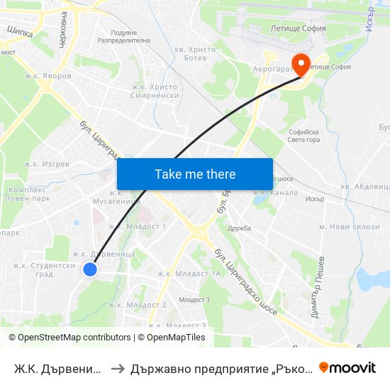 Ж.К. Дървеница / Darvenitsa Qr. (1015) to Държавно предприятие „Ръководство на въздушното движение“ (ДП РВД) map