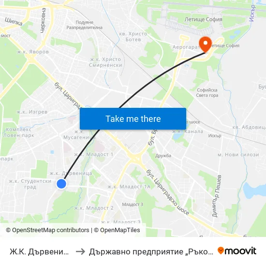 Ж.К. Дървеница / Darvenitsa Qr. (1015) to Държавно предприятие „Ръководство на въздушното движение“ (ДП РВД) map