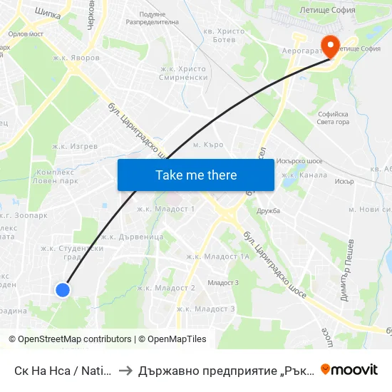 Ск На Нса / National Sports Academy (1609) to Държавно предприятие „Ръководство на въздушното движение“ (ДП РВД) map