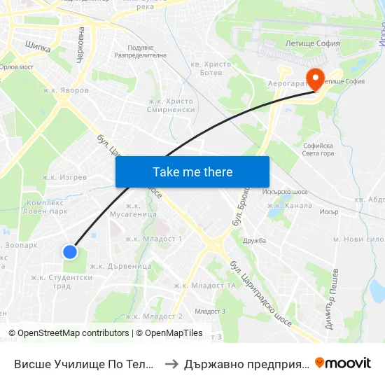 Висше Училище По Телекомуникации / University Of Telecommunications And Post (1396) to Държавно предприятие „Ръководство на въздушното движение“ (ДП РВД) map
