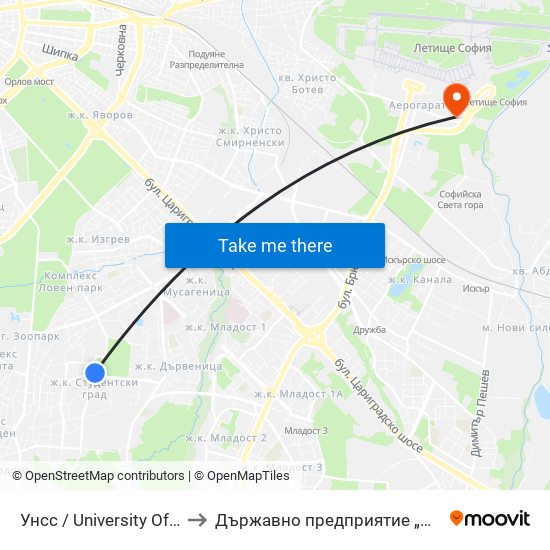 Унсс / University Of National And World Economy (1691) to Държавно предприятие „Ръководство на въздушното движение“ (ДП РВД) map