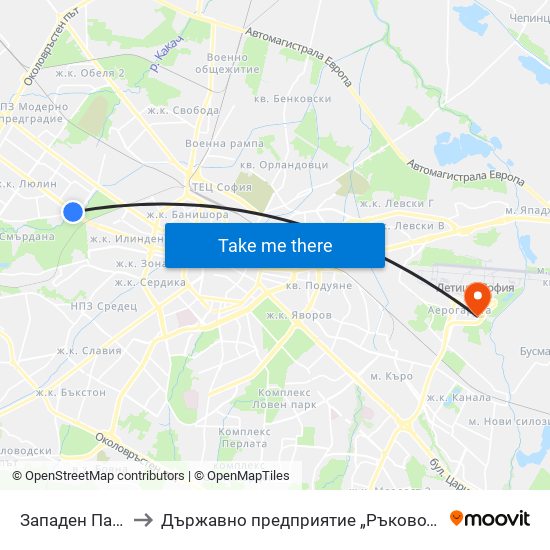 Западен Парк / Zapaden Park to Държавно предприятие „Ръководство на въздушното движение“ (ДП РВД) map