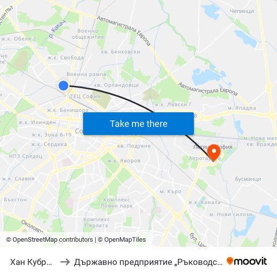 Хан Кубрат / Han Kubrat to Държавно предприятие „Ръководство на въздушното движение“ (ДП РВД) map