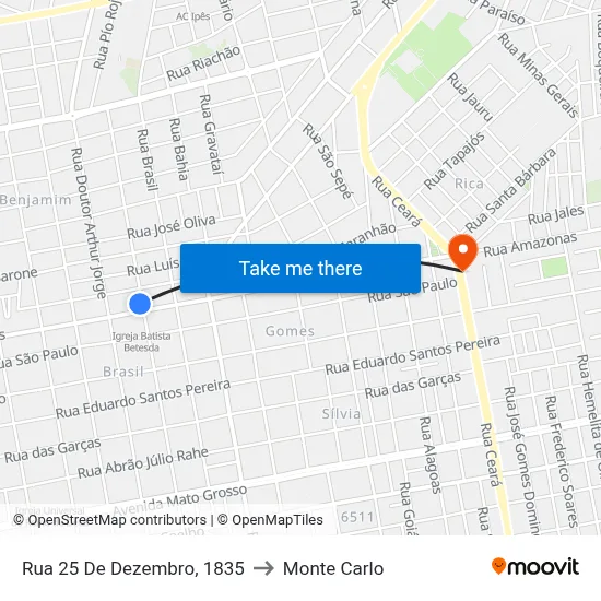 Rua 25 De Dezembro, 1835 to Monte Carlo map