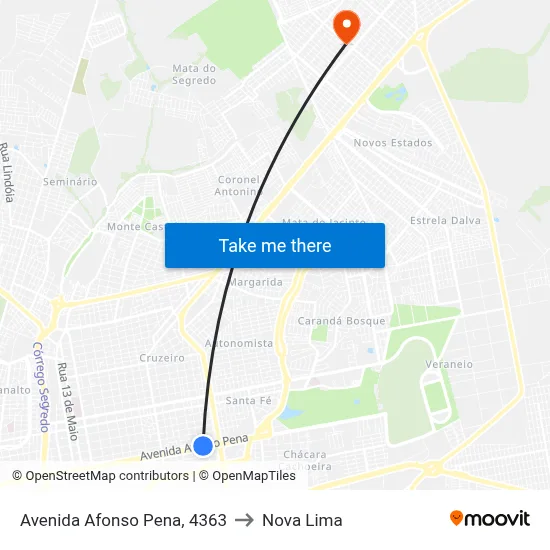 Avenida Afonso Pena, 4363 to Nova Lima map